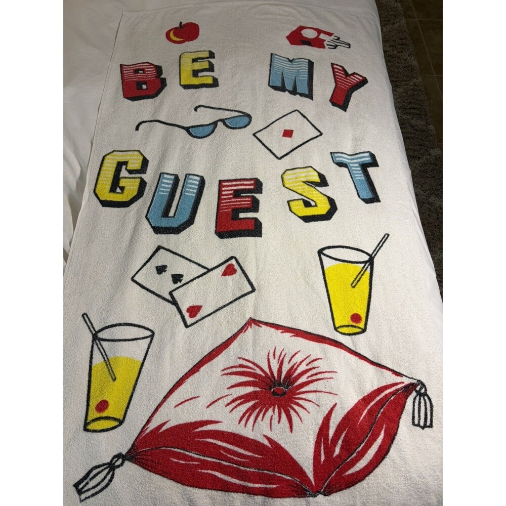 Vintage 1960s Beach Towel cocktails and cards Large Cotton Cannon Mills RARE